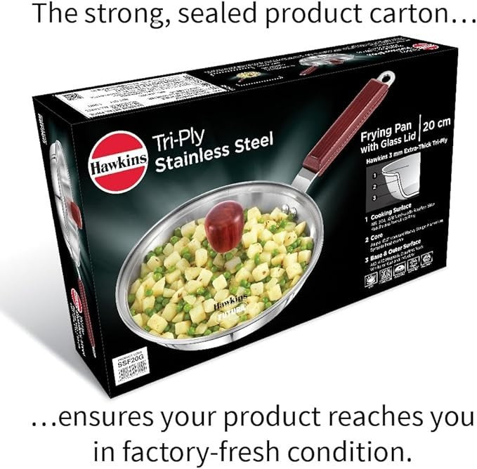 Hawkins Tri-Ply Stainless Steel Frying Pan with Glass Lid, 22 cm Diameter